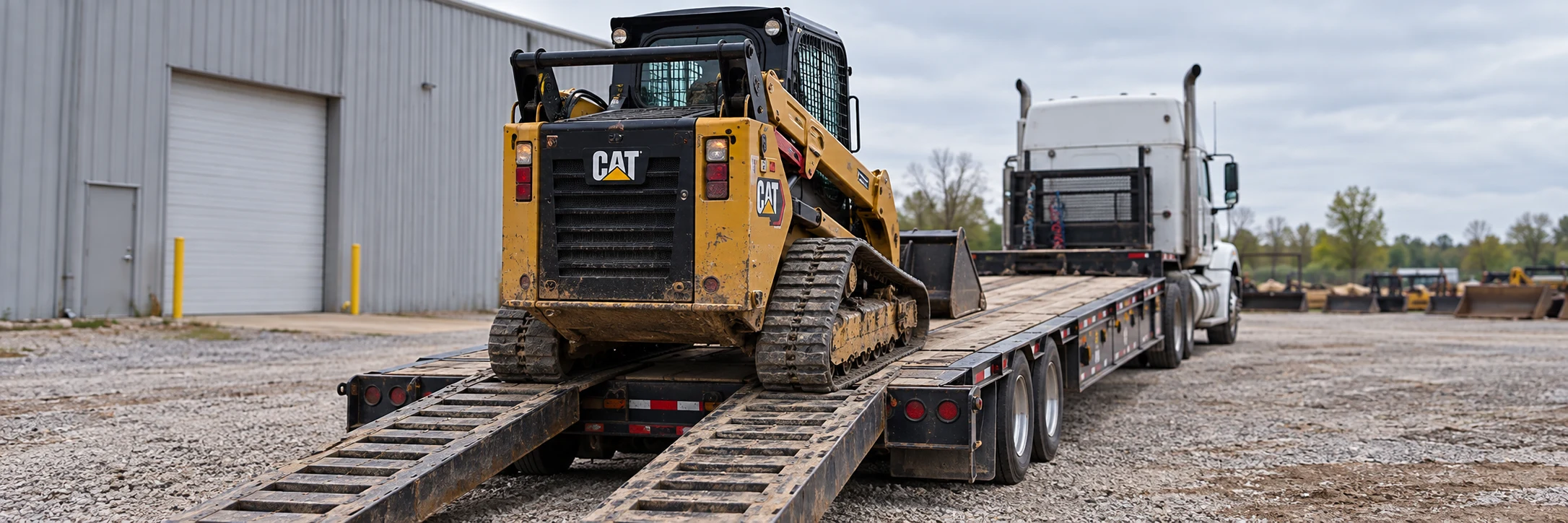Illustrative scene of a used CAT tracked loader being loaded lengthwise onto an equipment transport trailer