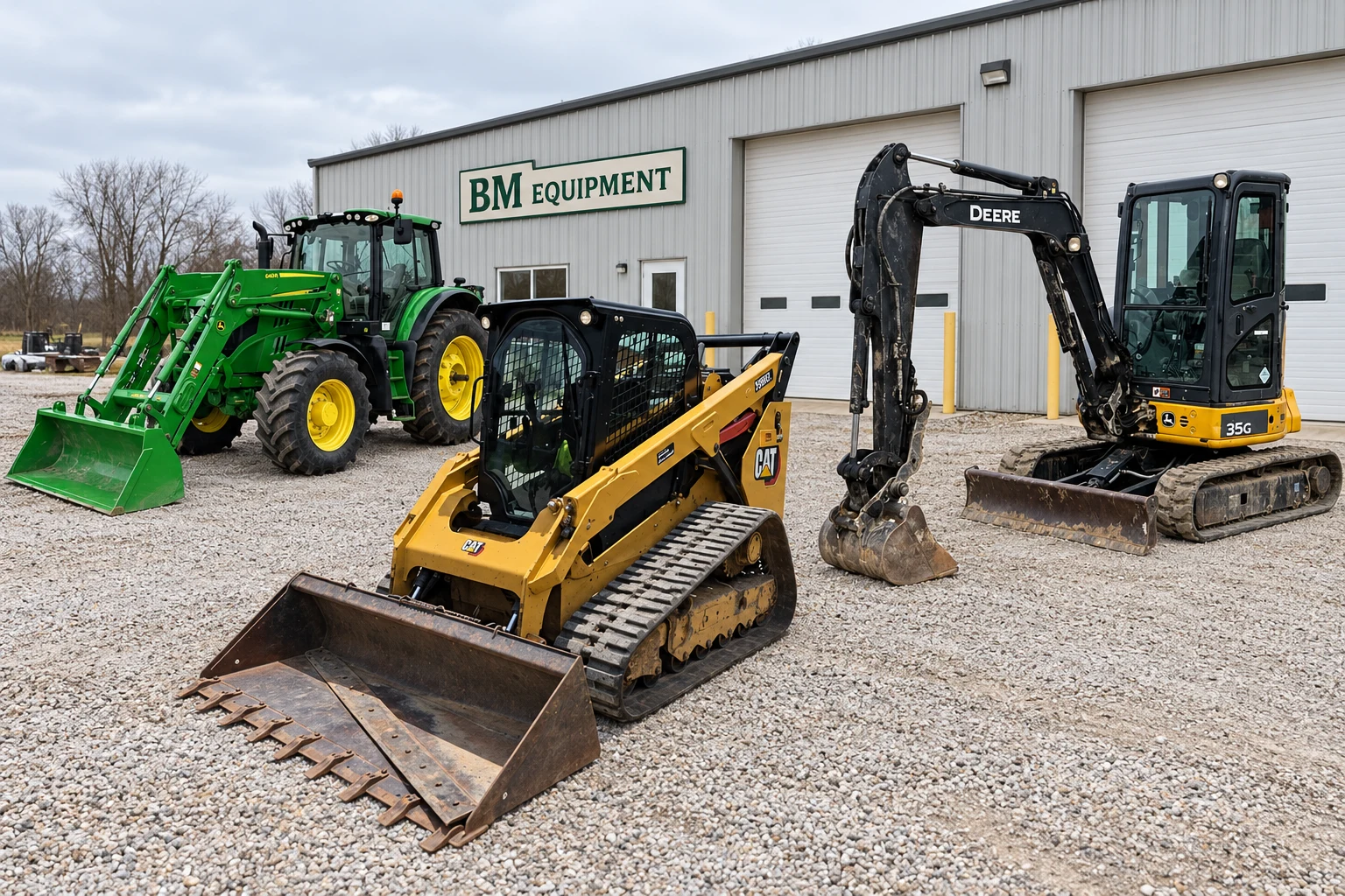 Illustrative dealership scene featuring used CAT and John Deere equipment outside a warehouse